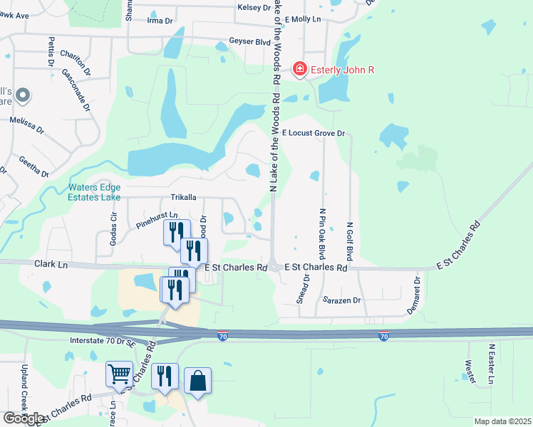 map of restaurants, bars, coffee shops, grocery stores, and more near 1521 North Lake of the Woods Road in Columbia