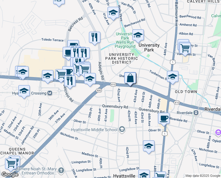 map of restaurants, bars, coffee shops, grocery stores, and more near 4106 Roanoke Road in Hyattsville