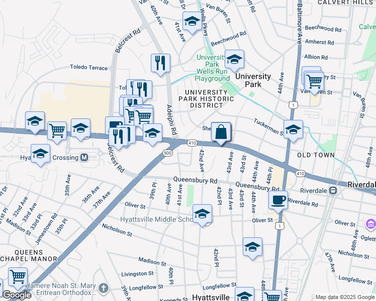 map of restaurants, bars, coffee shops, grocery stores, and more near 4106 Roanoke Road in Hyattsville