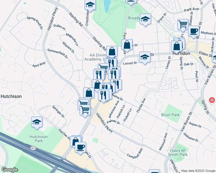 map of restaurants, bars, coffee shops, grocery stores, and more near 1095 Elden St in Herndon