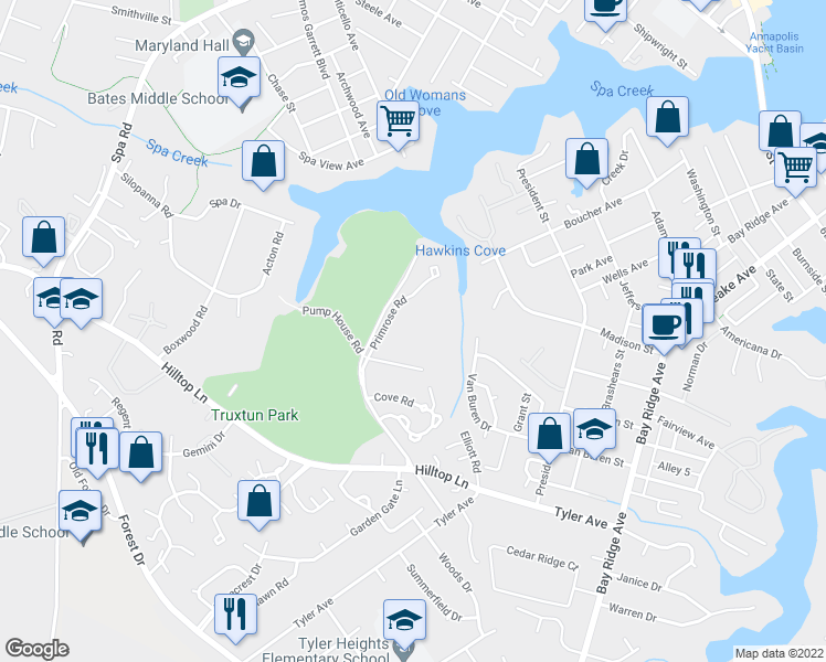 map of restaurants, bars, coffee shops, grocery stores, and more near 1012 Primrose Road in Annapolis