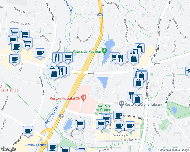 map of restaurants, bars, coffee shops, grocery stores, and more near 1708 Lake Shore Crest Drive in Reston