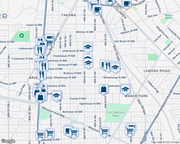 map of restaurants, bars, coffee shops, grocery stores, and more near 6201 5th Street Northwest in Washington
