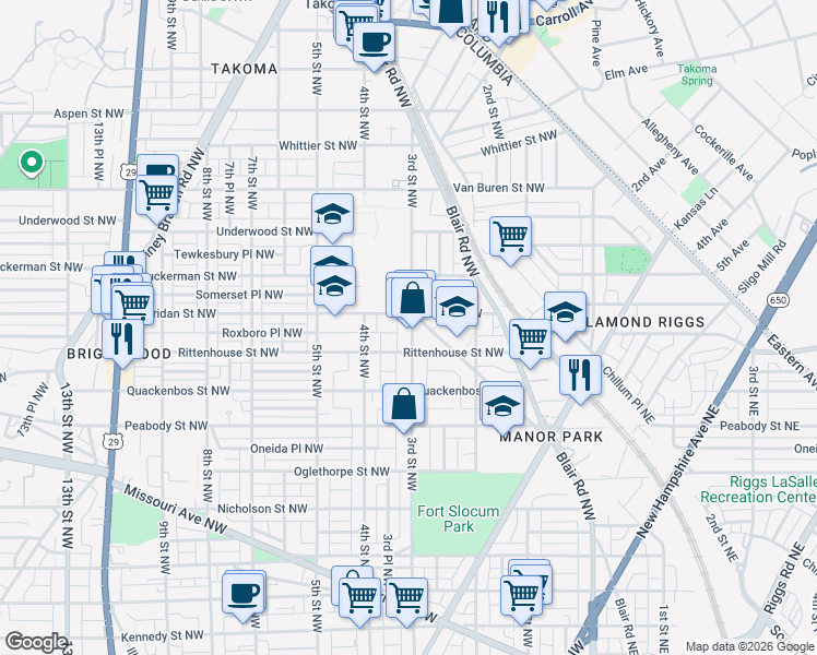 map of restaurants, bars, coffee shops, grocery stores, and more near 6224 3rd Street Northwest in Washington
