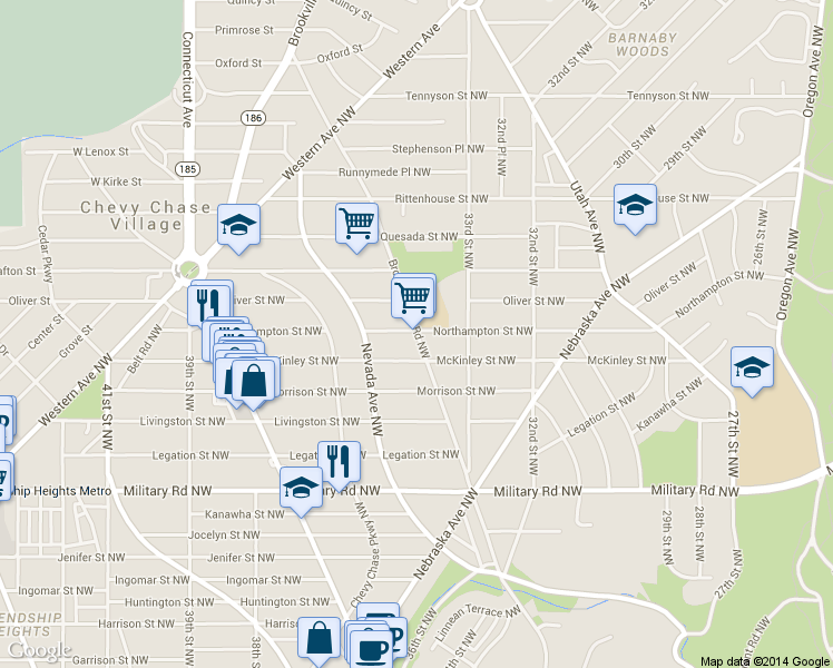 map of restaurants, bars, coffee shops, grocery stores, and more near 5612 Broad Branch Rd NW in Washington