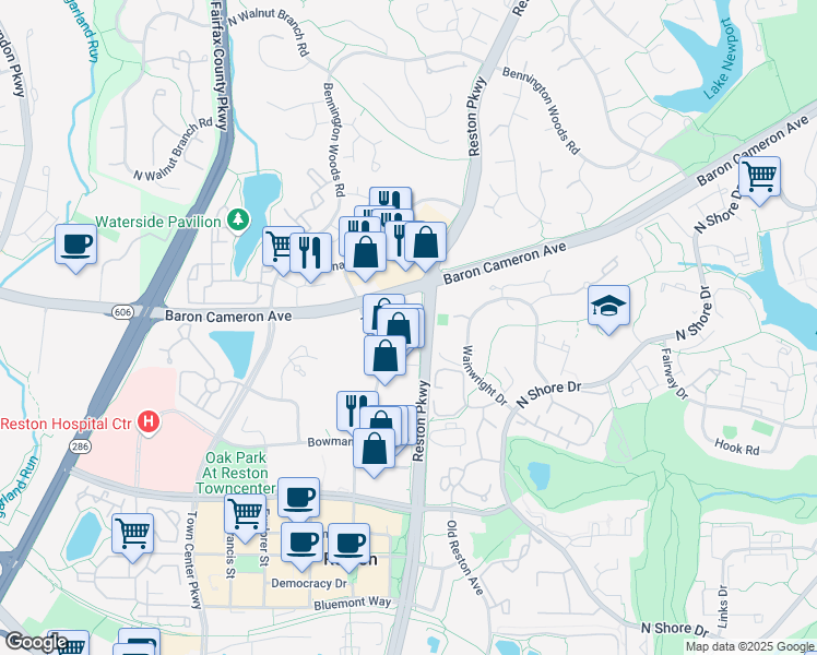 map of restaurants, bars, coffee shops, grocery stores, and more near 11806 Spectrum Center in Reston