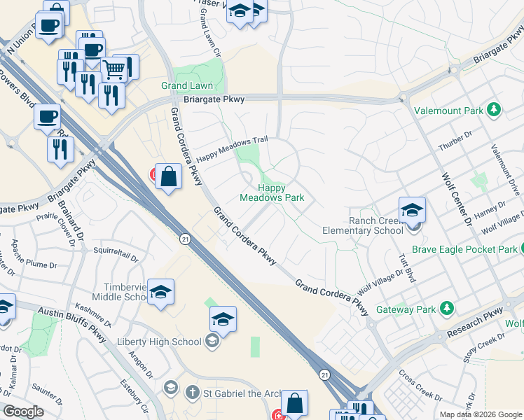 map of restaurants, bars, coffee shops, grocery stores, and more near Happy Meadows Trail in Colorado Springs