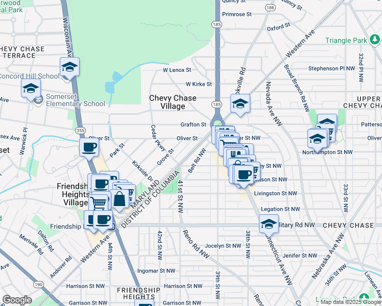 map of restaurants, bars, coffee shops, grocery stores, and more near 5631 Western Avenue Northwest in Washington