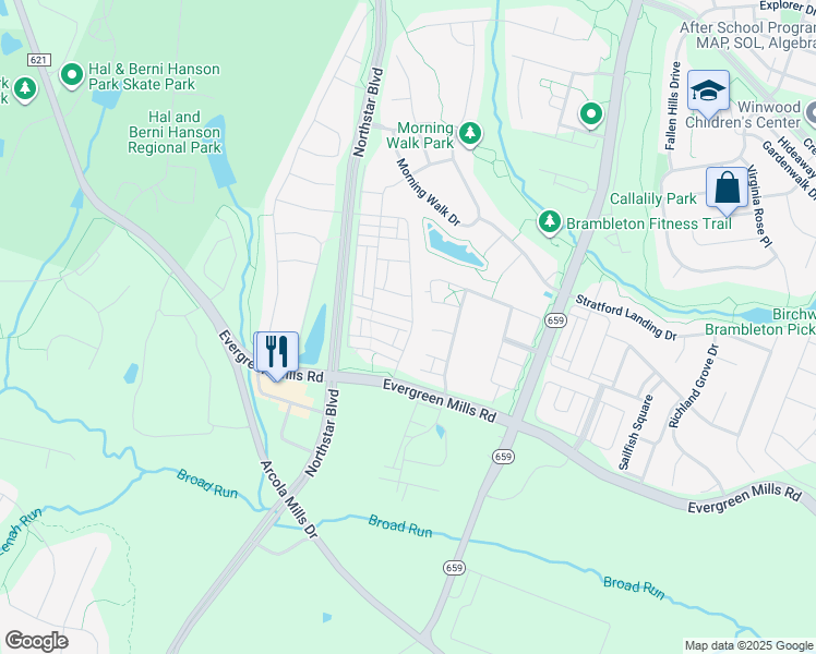 map of restaurants, bars, coffee shops, grocery stores, and more near 42295 Riggins Ridge Terrace in Ashburn
