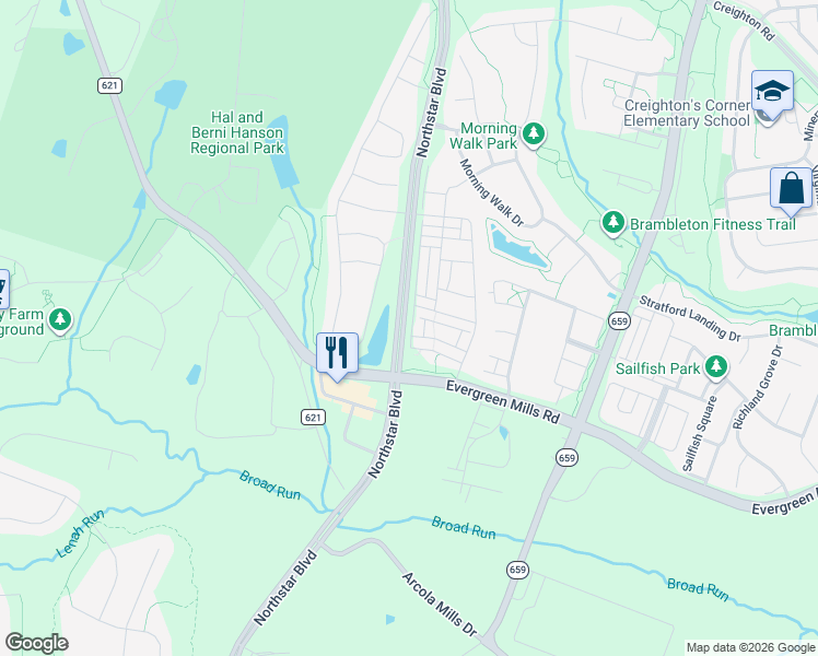 map of restaurants, bars, coffee shops, grocery stores, and more near 23553 Ashwood Moss Terrace in Brambleton