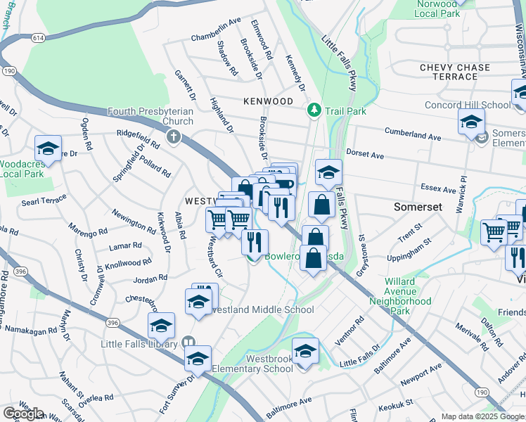 map of restaurants, bars, coffee shops, grocery stores, and more near 5272 River Road in Bethesda