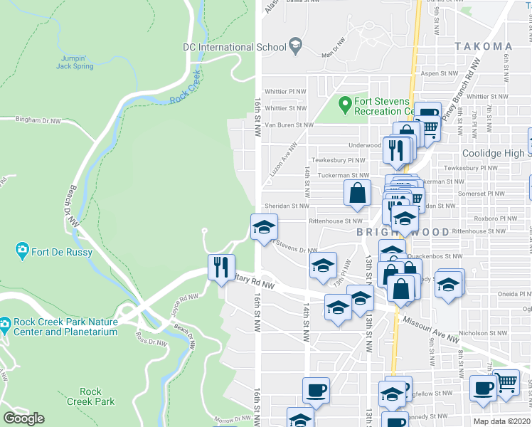 map of restaurants, bars, coffee shops, grocery stores, and more near 6209 16th Street Northwest in Washington