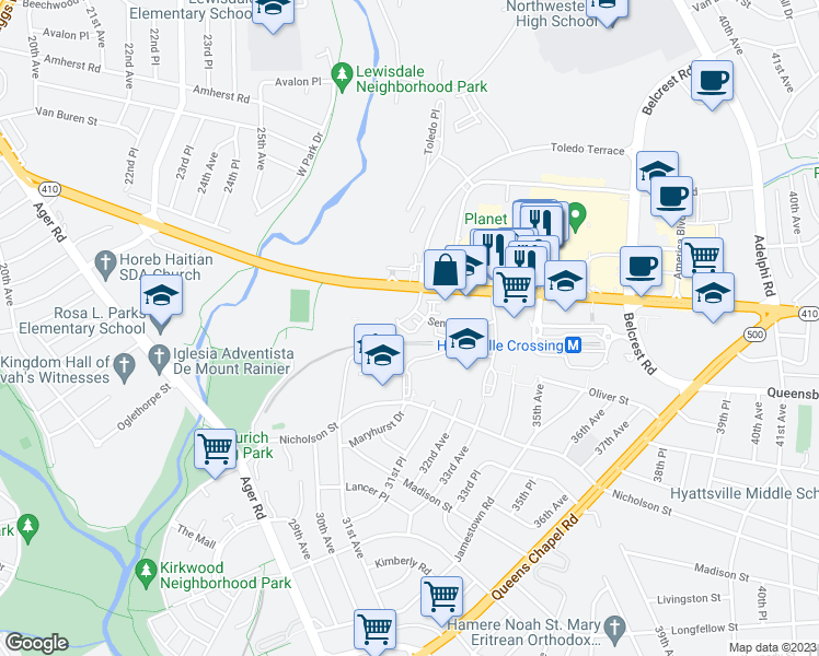 map of restaurants, bars, coffee shops, grocery stores, and more near Chronicle Street in Hyattsville