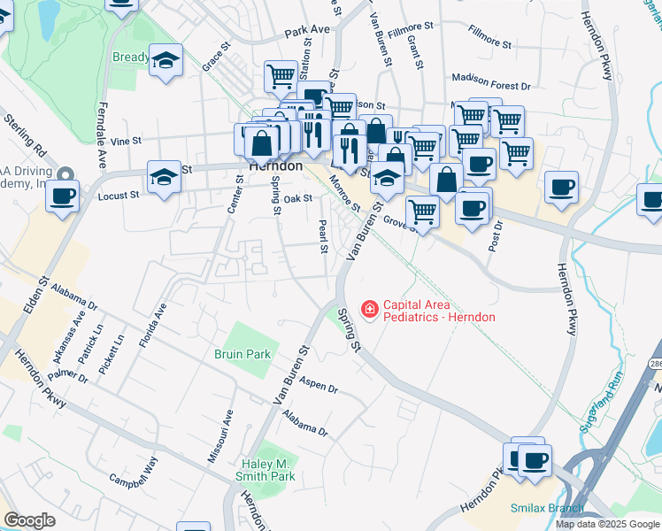 map of restaurants, bars, coffee shops, grocery stores, and more near 100 Pearl Street in Herndon