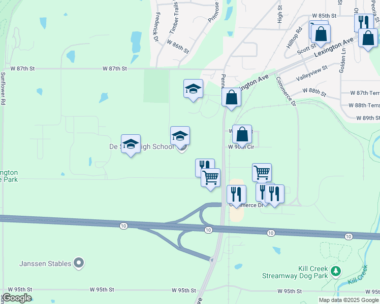 map of restaurants, bars, coffee shops, grocery stores, and more near 35000 West 91st Street in De Soto