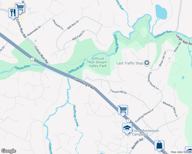 map of restaurants, bars, coffee shops, grocery stores, and more near 9704 Locust Hill Drive in Great Falls