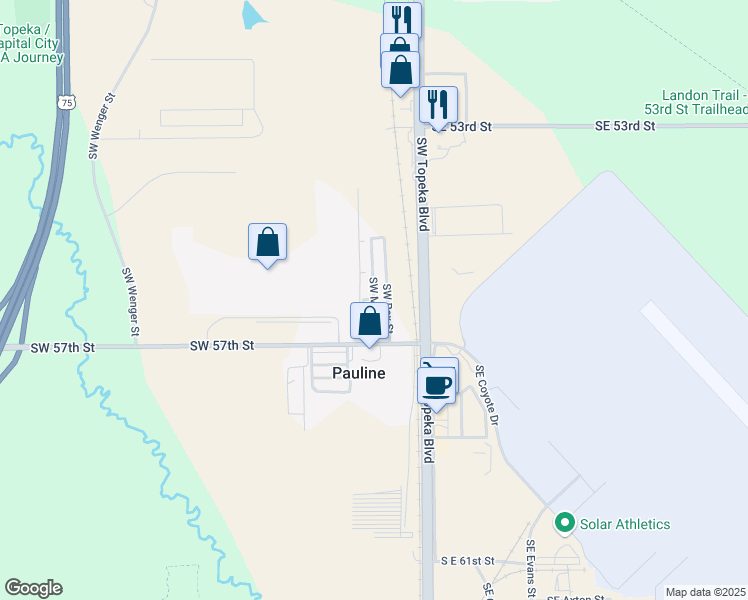 map of restaurants, bars, coffee shops, grocery stores, and more near 49 Southwest Mary Street in Topeka