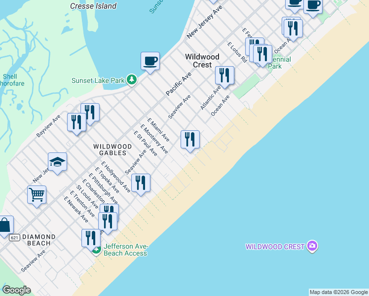 map of restaurants, bars, coffee shops, grocery stores, and more near 420 East Louisville Avenue in Wildwood