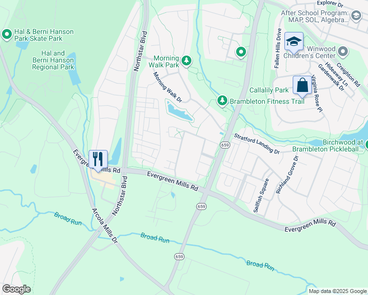 map of restaurants, bars, coffee shops, grocery stores, and more near 23538 Boca Field Terrace in Ashburn