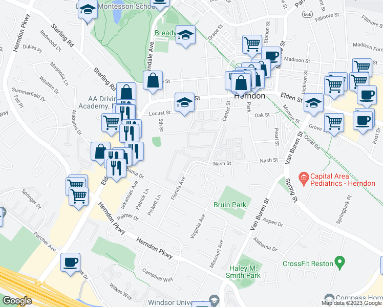 map of restaurants, bars, coffee shops, grocery stores, and more near 549 Florida Avenue in Herndon