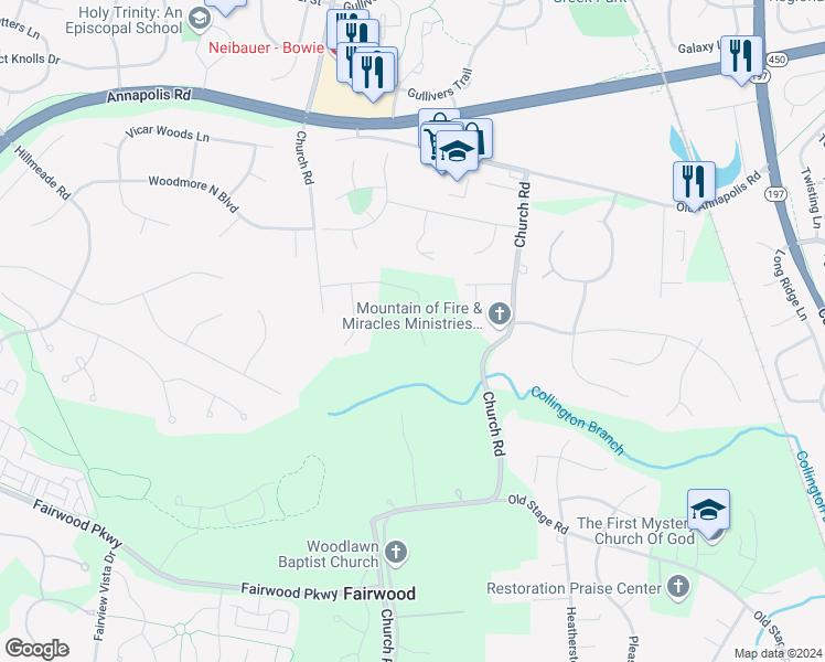 map of restaurants, bars, coffee shops, grocery stores, and more near 13701 Loganville Street in Bowie