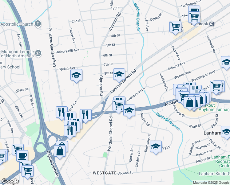 map of restaurants, bars, coffee shops, grocery stores, and more near 9123 Lanham Severn Road in Lanham