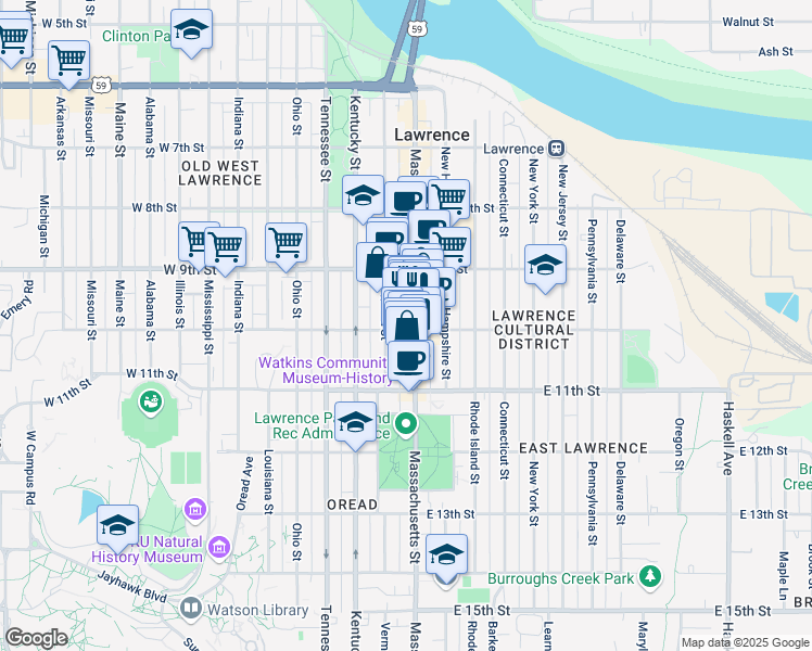 map of restaurants, bars, coffee shops, grocery stores, and more near 1001 Massachusetts Street in Lawrence