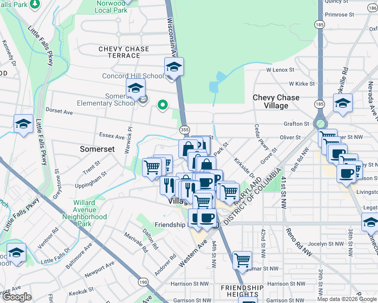 map of restaurants, bars, coffee shops, grocery stores, and more near 5610 Wisconsin Avenue in Chevy Chase