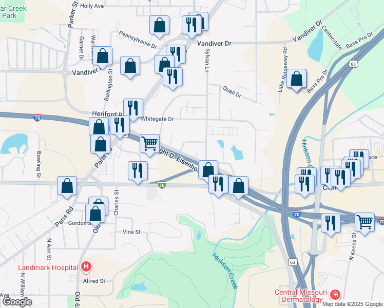 map of restaurants, bars, coffee shops, grocery stores, and more near 2401 Clark Lane in Columbia