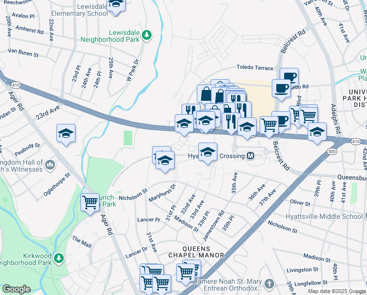 map of restaurants, bars, coffee shops, grocery stores, and more near Chronicle Street in Hyattsville