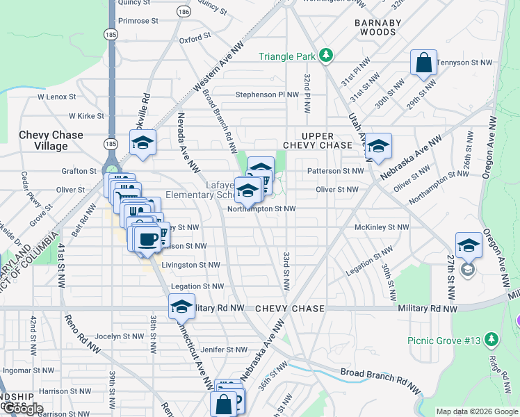 map of restaurants, bars, coffee shops, grocery stores, and more near in Washington