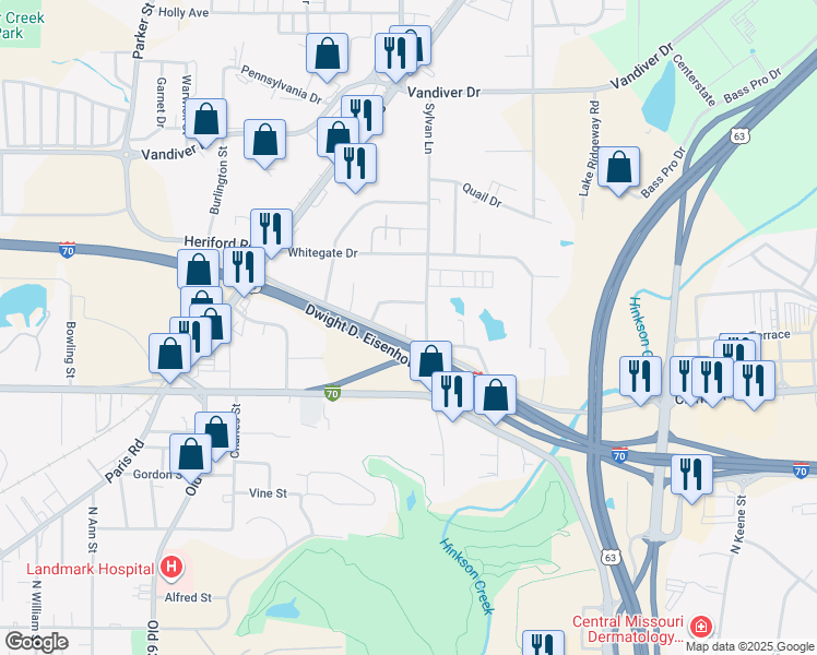 map of restaurants, bars, coffee shops, grocery stores, and more near 2401 Clark Lane in Columbia