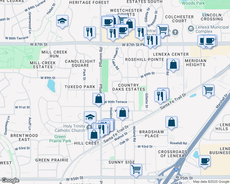 map of restaurants, bars, coffee shops, grocery stores, and more near 8933 Caenen Lake Road in Lenexa