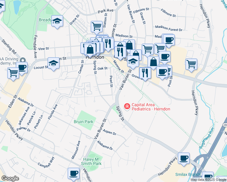 map of restaurants, bars, coffee shops, grocery stores, and more near 100 Pearl Street in Herndon
