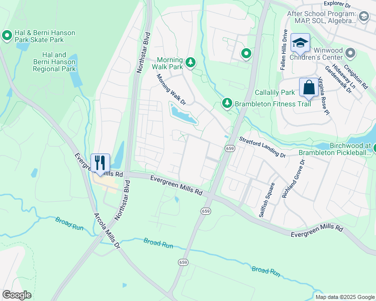 map of restaurants, bars, coffee shops, grocery stores, and more near 23538 Boca Field Terrace in Ashburn