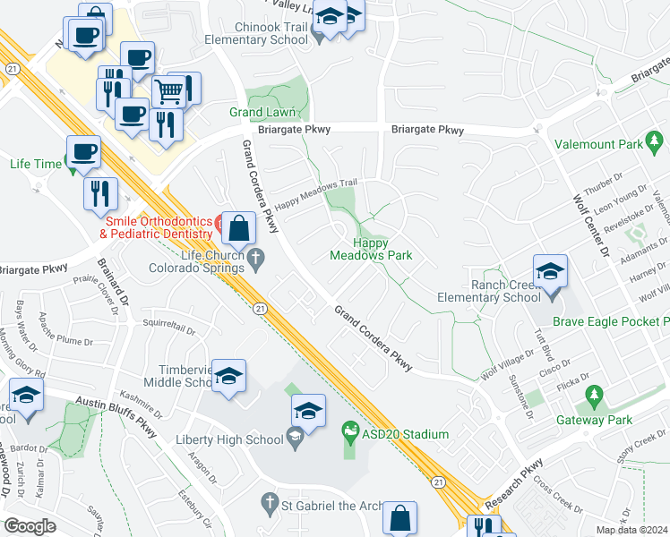 map of restaurants, bars, coffee shops, grocery stores, and more near 5042 Petrified Forest Trail in Colorado Springs