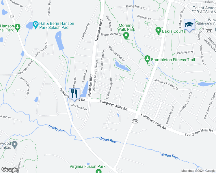 map of restaurants, bars, coffee shops, grocery stores, and more near 42287 Riggins Ridge Terrace in Ashburn
