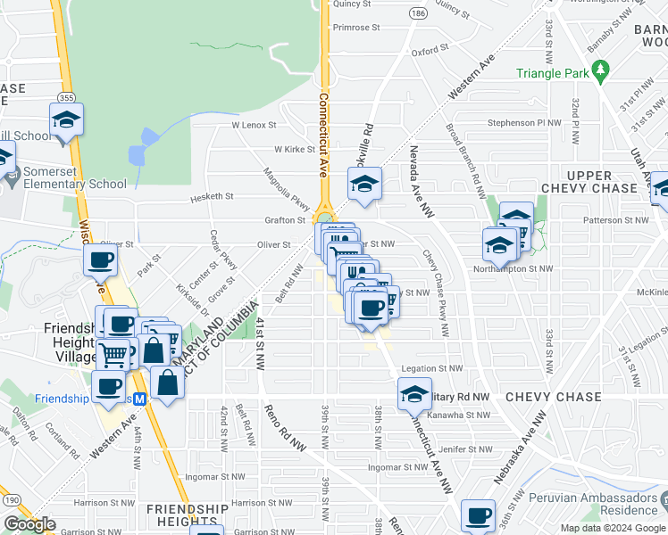 map of restaurants, bars, coffee shops, grocery stores, and more near 3808 Northampton Street Northwest in Washington