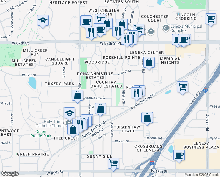 map of restaurants, bars, coffee shops, grocery stores, and more near 9007 Hauser Drive in Lenexa