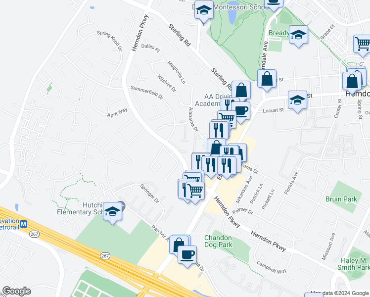 map of restaurants, bars, coffee shops, grocery stores, and more near 1107 Whitewater Place in Herndon