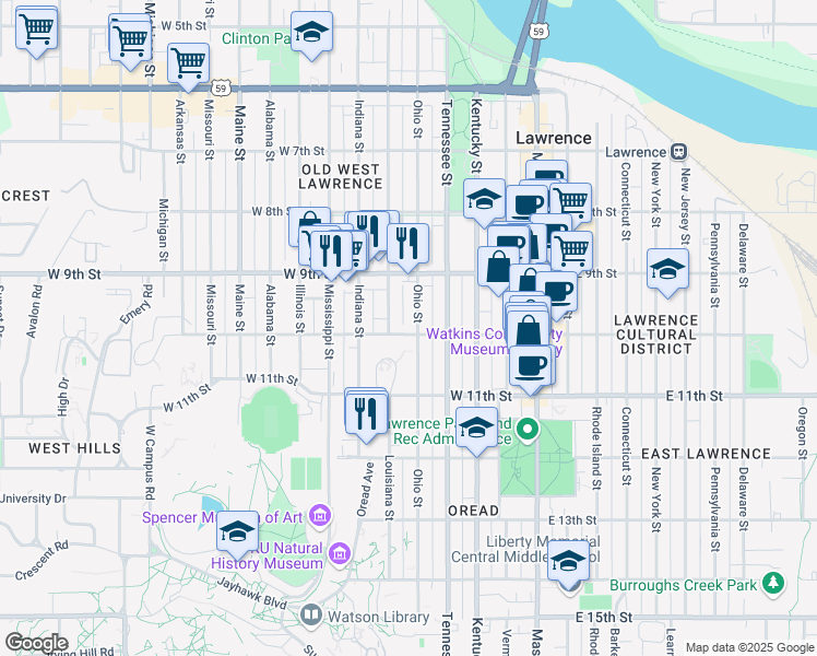 map of restaurants, bars, coffee shops, grocery stores, and more near 945 Ohio St in Lawrence