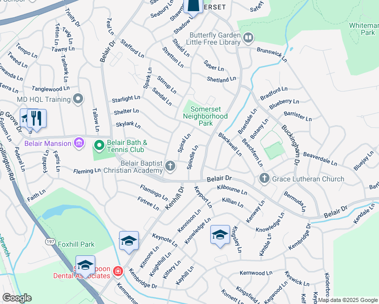 map of restaurants, bars, coffee shops, grocery stores, and more near 2804 Spindle Lane in Bowie