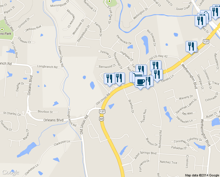 map of restaurants, bars, coffee shops, grocery stores, and more near 8850 U.S. 42 in Union