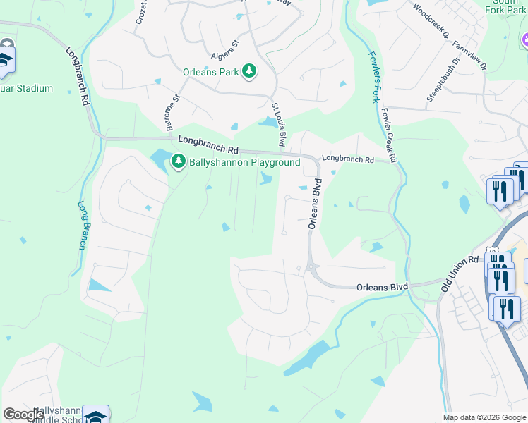 map of restaurants, bars, coffee shops, grocery stores, and more near 2381 Longbranch Road in Union