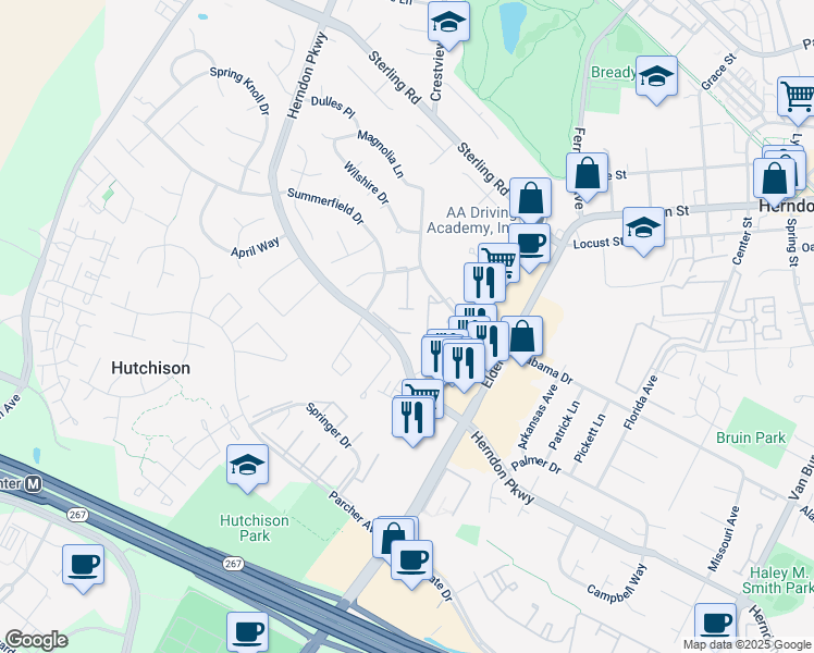 map of restaurants, bars, coffee shops, grocery stores, and more near 1107 Whitewater Place in Herndon