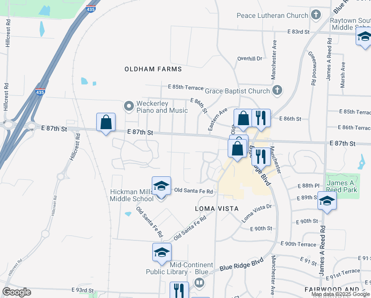 map of restaurants, bars, coffee shops, grocery stores, and more near 7202 East 87th Terrace in Kansas City