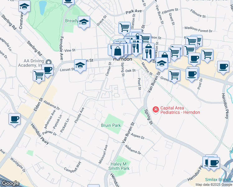 map of restaurants, bars, coffee shops, grocery stores, and more near 653 Legacy Pride Drive in Herndon