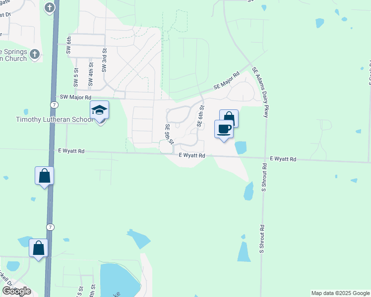 map of restaurants, bars, coffee shops, grocery stores, and more near 520 Southeast Maple Drive in Blue Springs