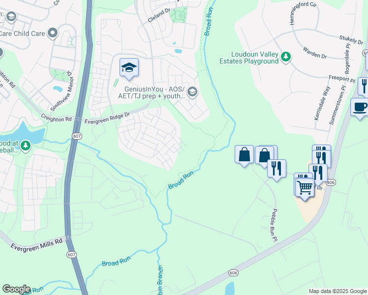 map of restaurants, bars, coffee shops, grocery stores, and more near 23566 Neersville Corner Terrace in Ashburn