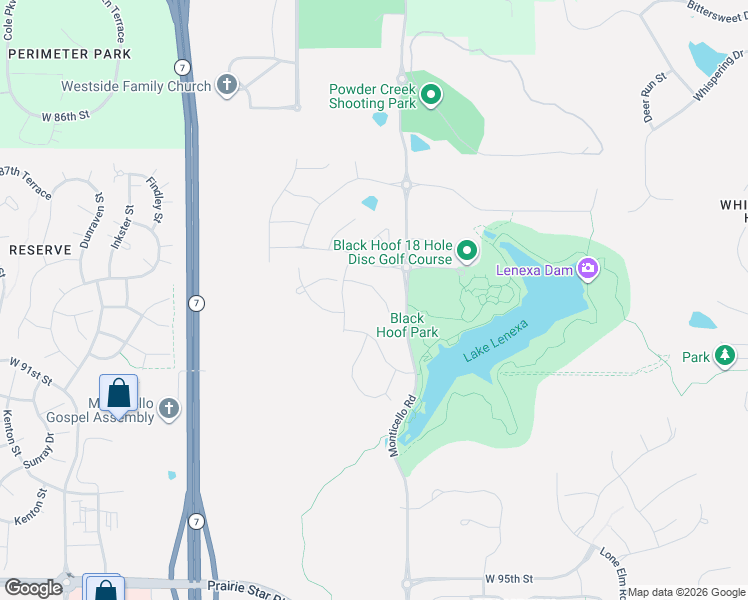 map of restaurants, bars, coffee shops, grocery stores, and more near 9053 Monticello Road in Lenexa
